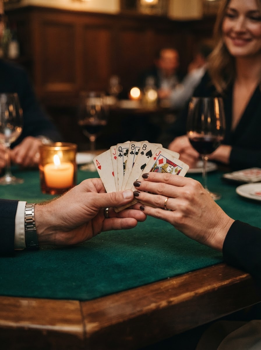 Close-up of playing cards and hands on a warmly lit restaurant table — illustrative imagery