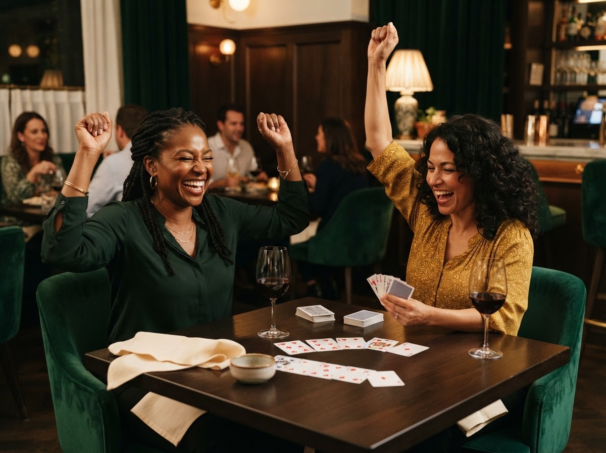Two women celebrating a winning card hand — illustrative imagery