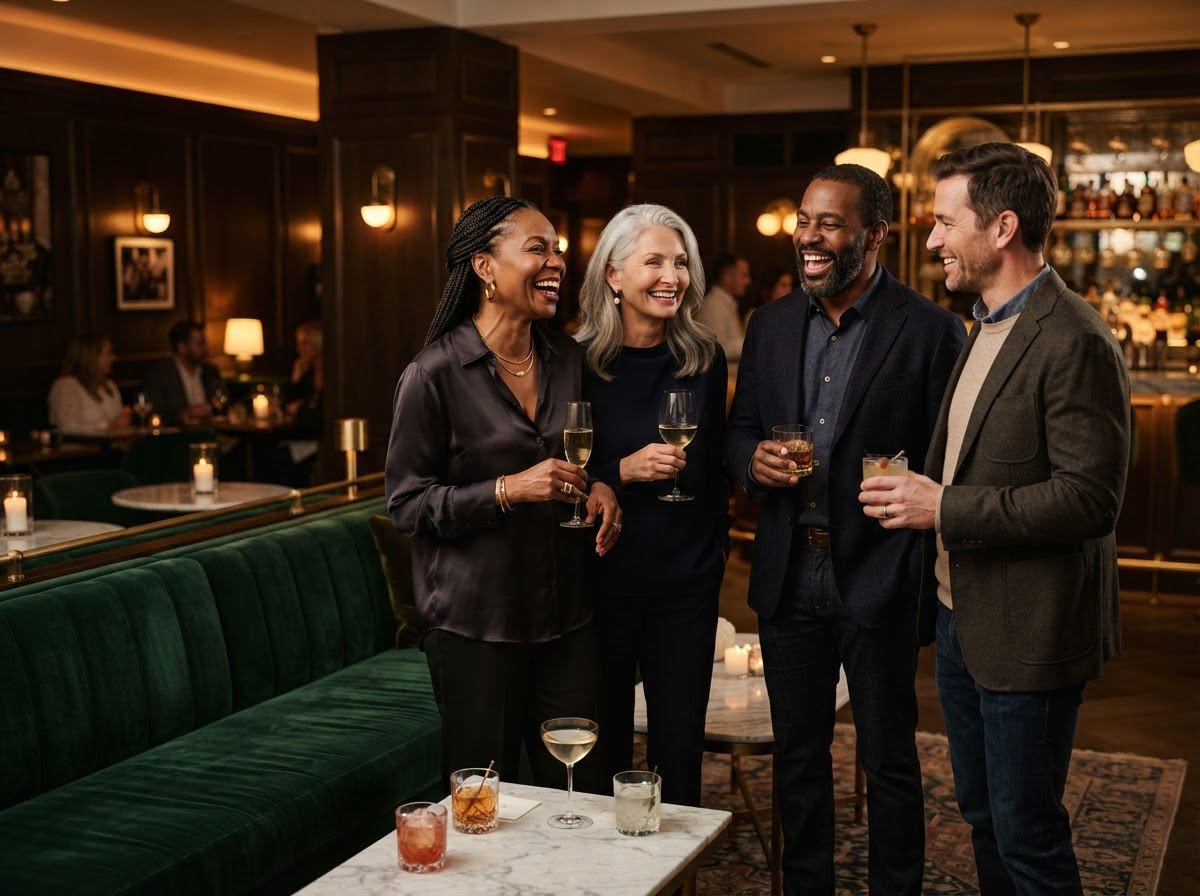 A small mixed group of adults socializing at an upscale restaurant lounge — illustrative imagery