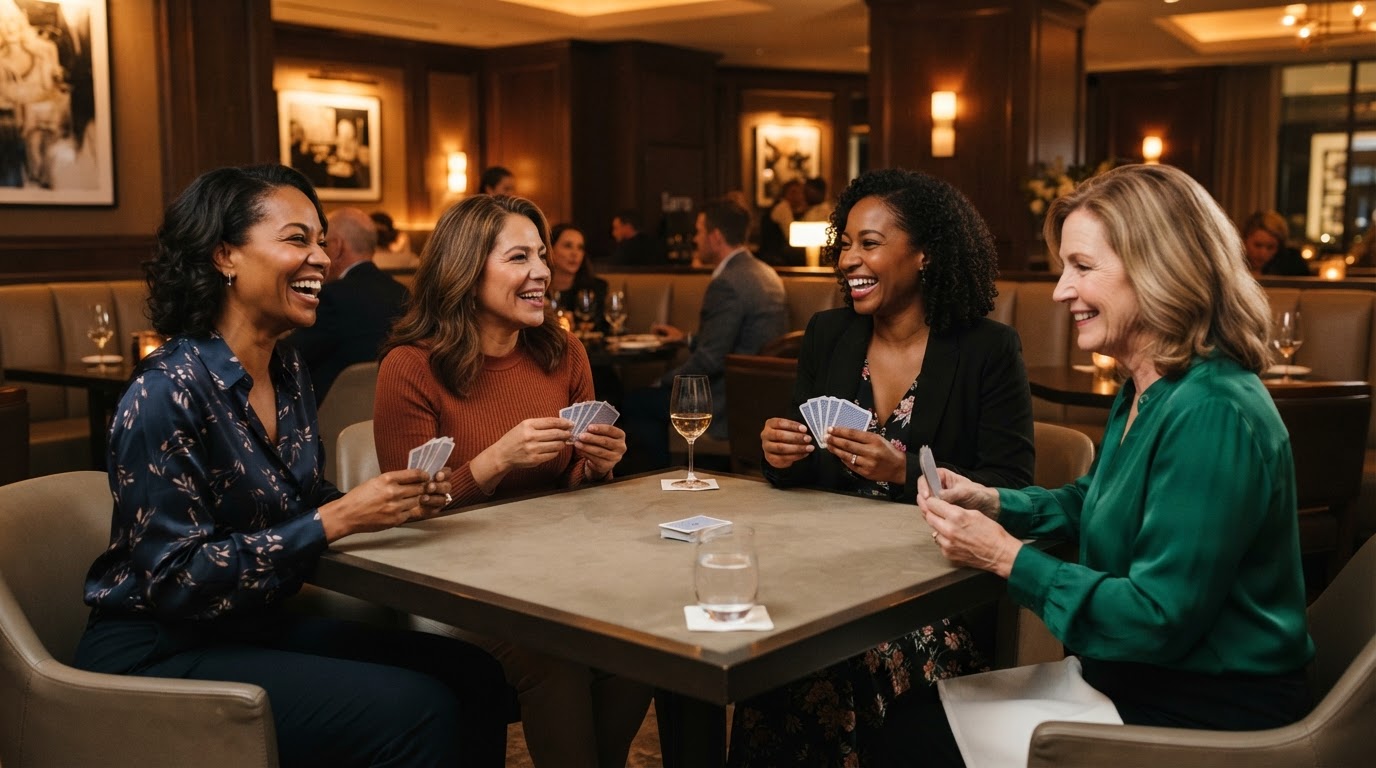 Four women in their 40s and 50s laughing together over a card game at a warmly lit upscale restaurant — illustrative imagery