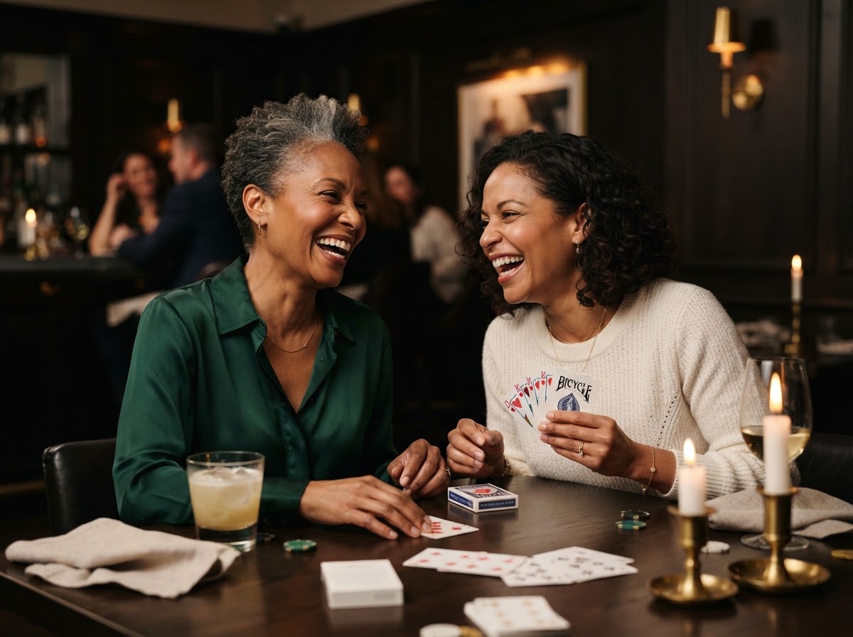 Two women laughing together over a card game in friendly competition — illustrative imagery