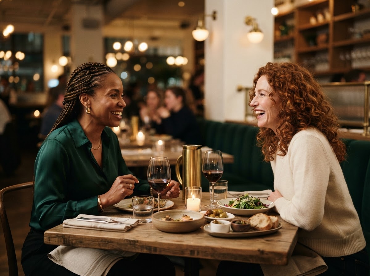 Two women connecting and smiling over a dinner table — illustrative imagery