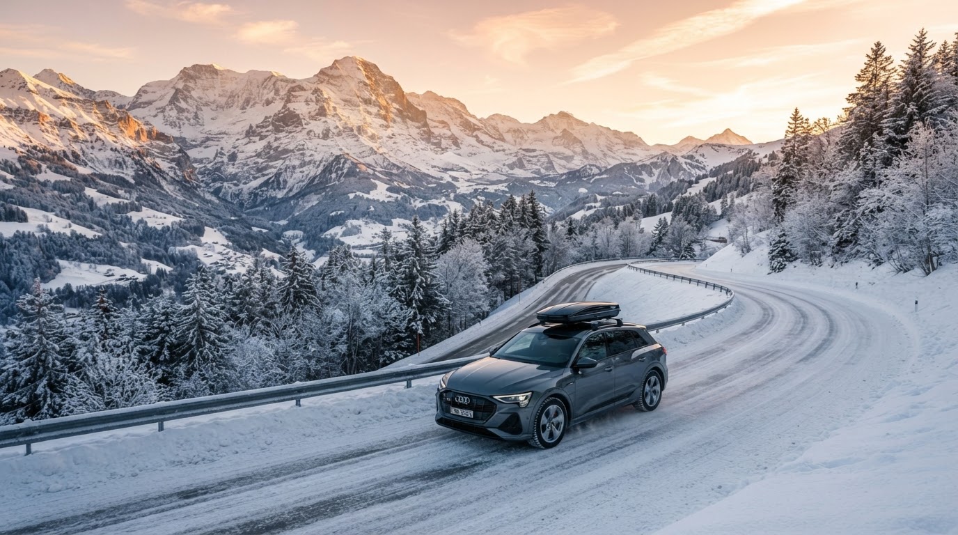 SUV on a snow-covered alpine road at sunrise