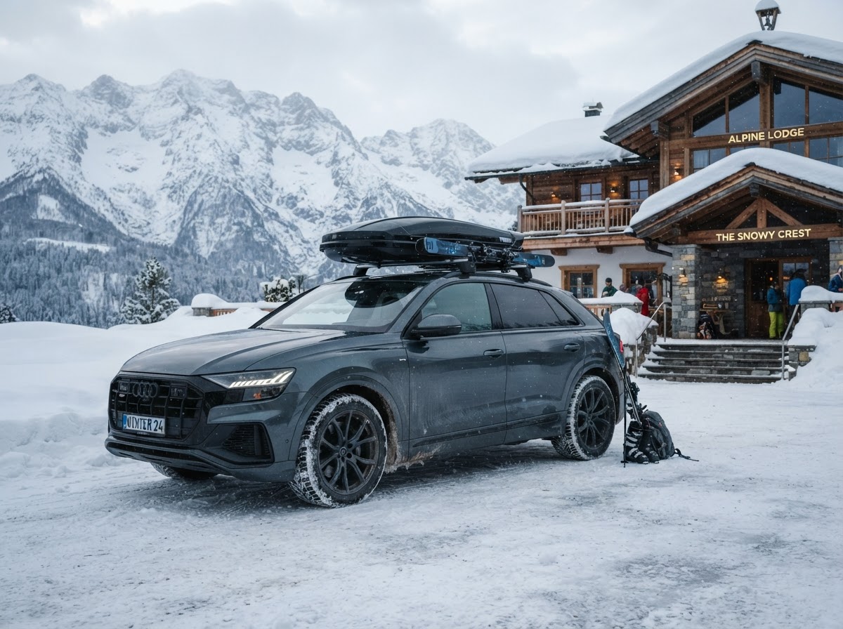 Premium SUV with ski equipment ready for a winter trip