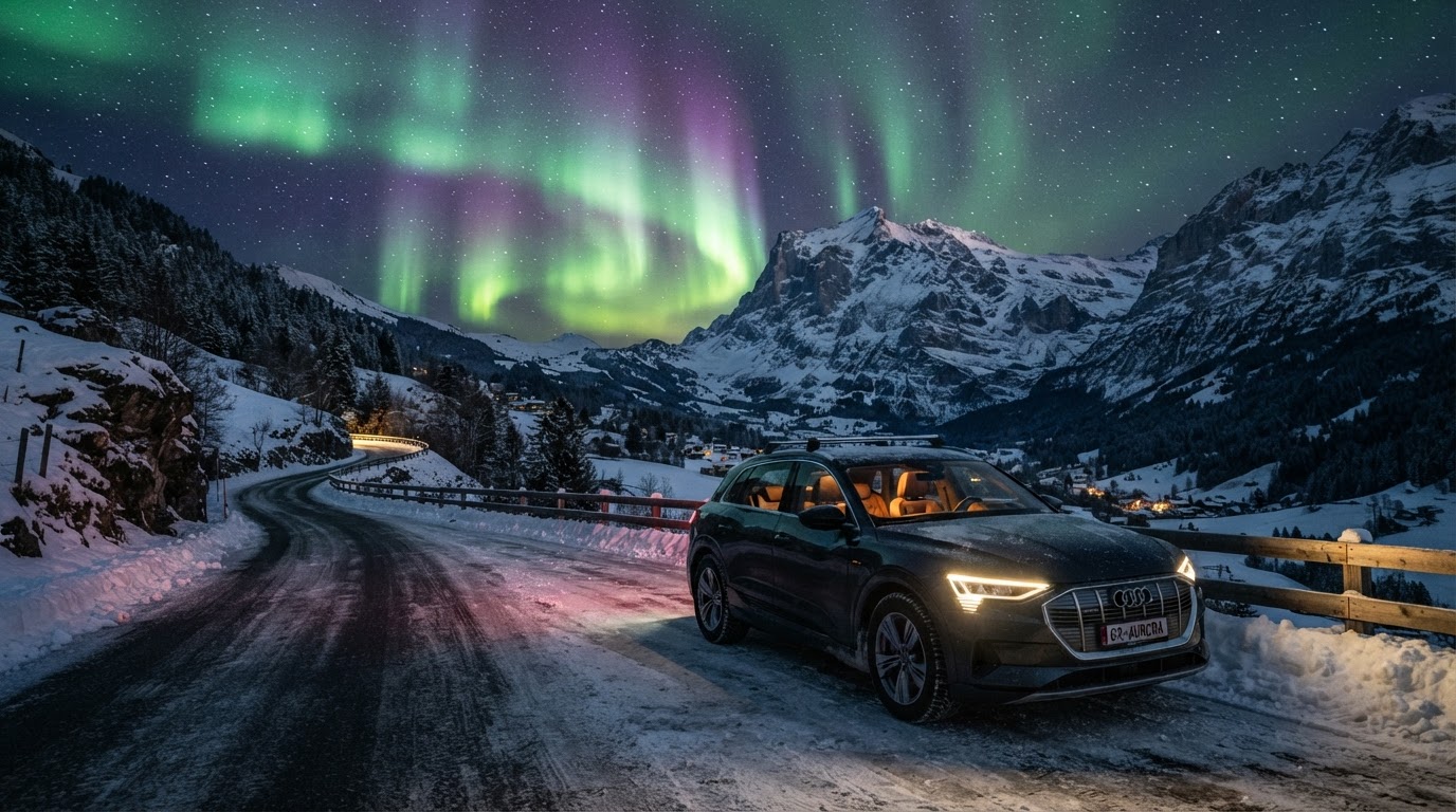 SUV lit up on a snow-covered alpine road under an aurora borealis at night