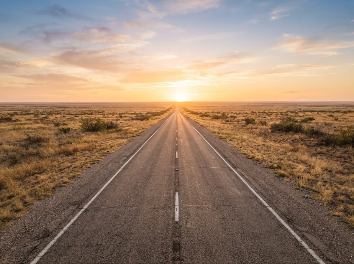 Open two-lane highway across West Texas plains at dawn
