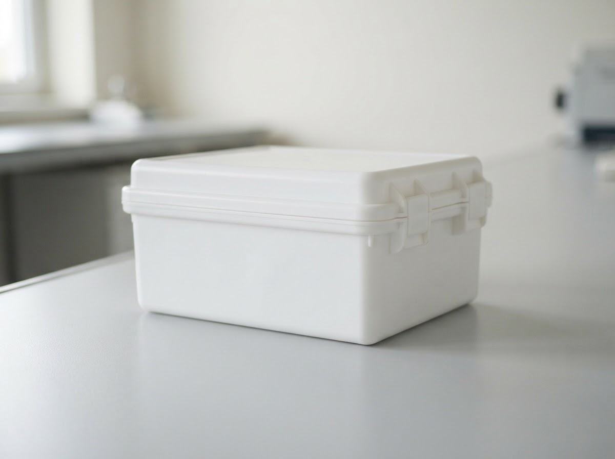 Sealed specimen transport box ready for pickup.