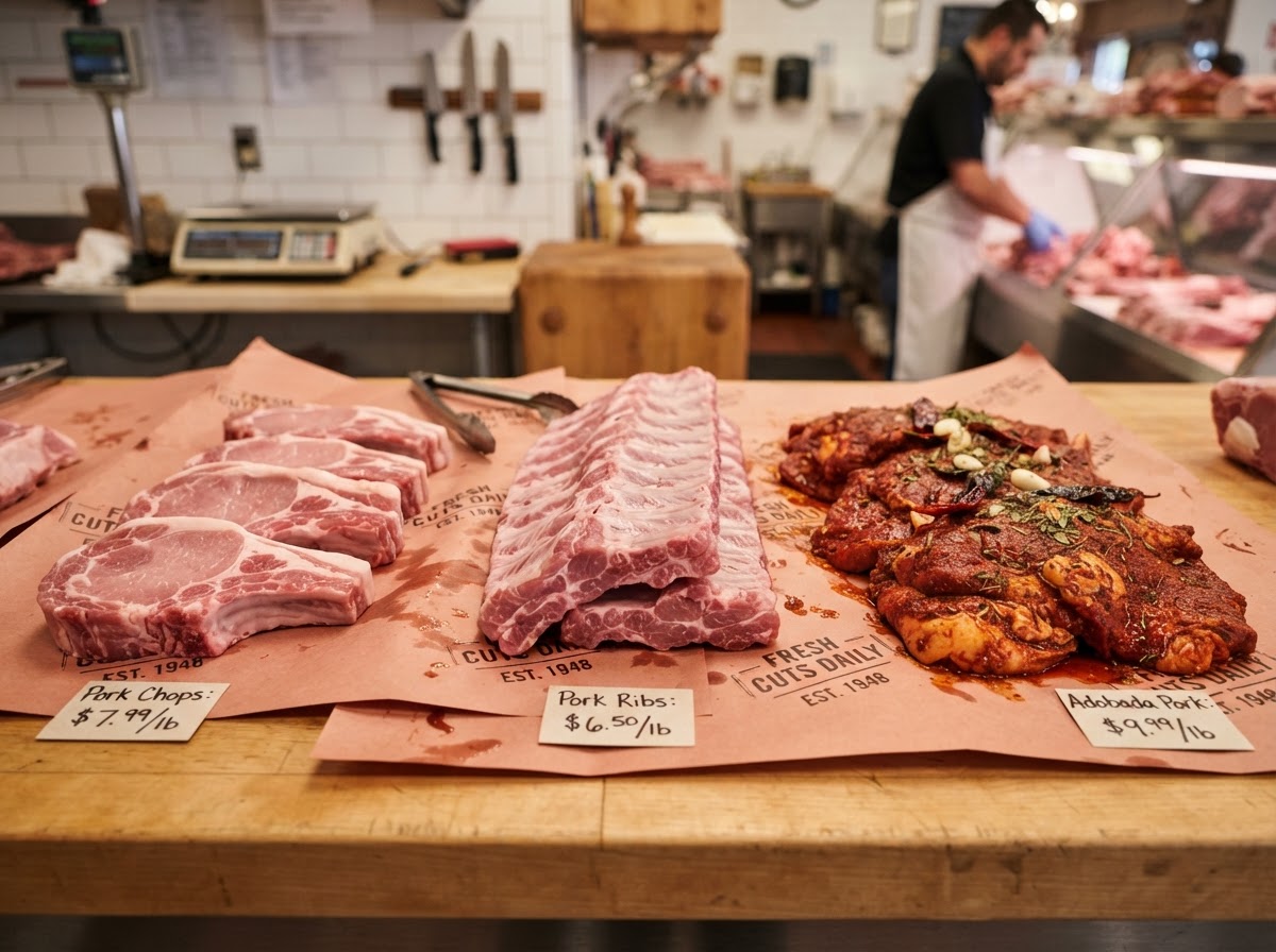 Cortes de puerco frescos: chuleta, costilla y adobada en SuperMarket Gómez