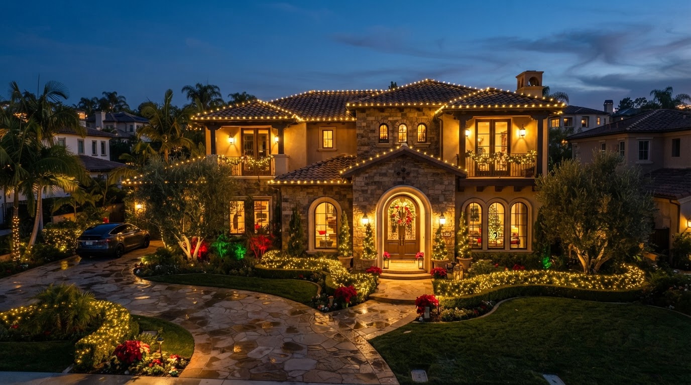 Beautifully decorated Orange County home with professional holiday lighting at dusk