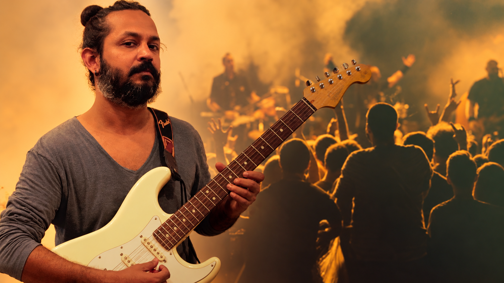 The Blue Mister with a white Stratocaster in front of an energetic crowd and stage haze