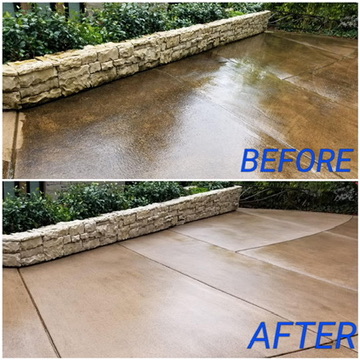 Pressure washing driveway and stone retaining wall before and after cleaning