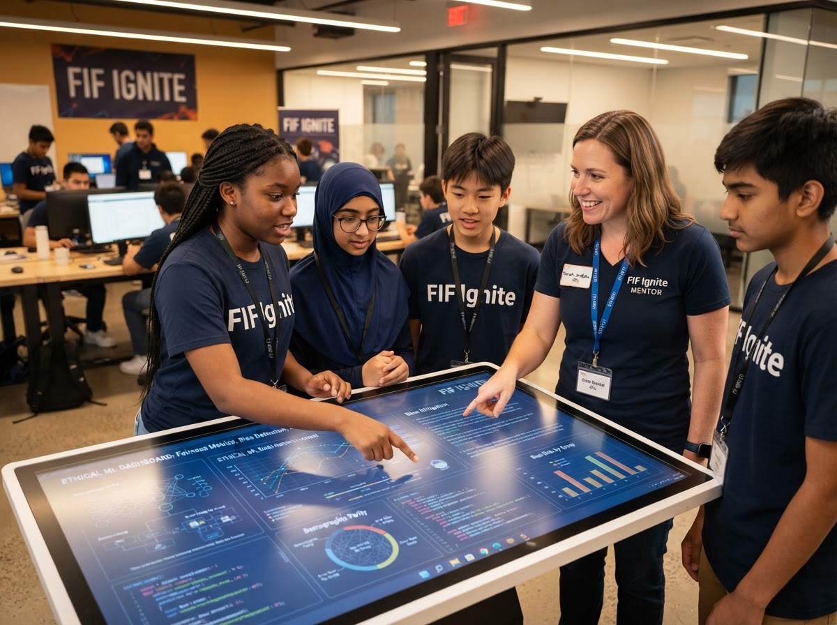 Scholars reviewing AI project with mentor