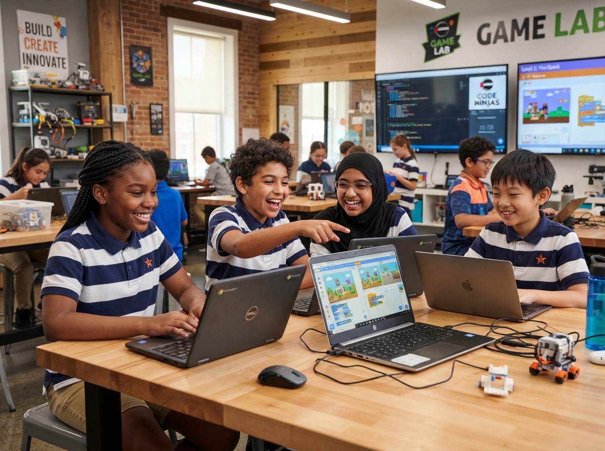 Students building games on laptops