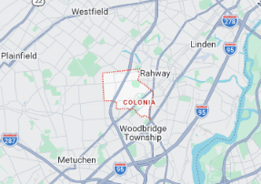 Map of East Brunswick, New Jersey showing Middlesex County and surrounding regional routes