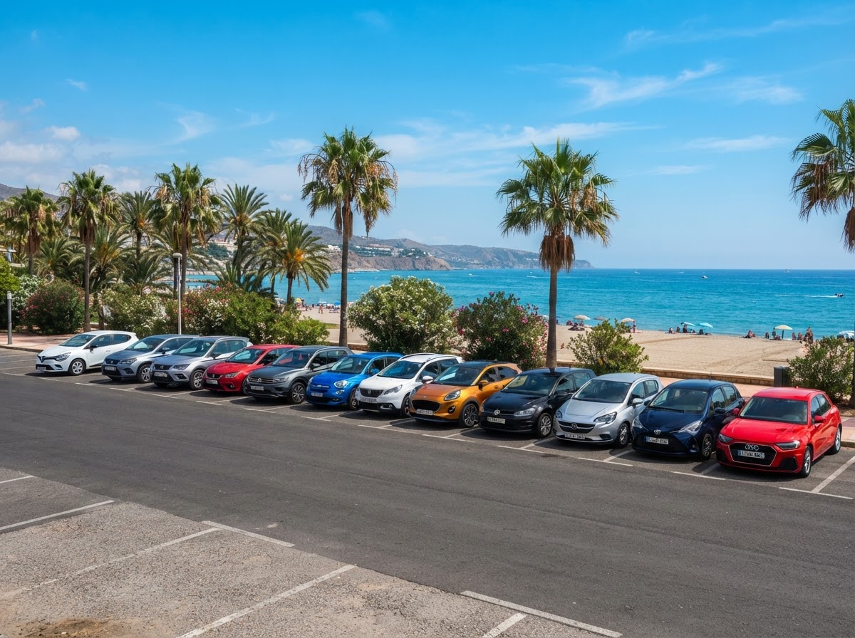 Fila de coches de alquiler RentacarIQ aparcados cerca de una playa de Alicante