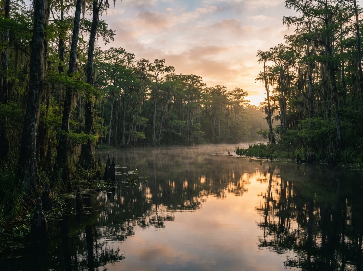Tranquil Florida lake reflecting cypress trees at golden hour