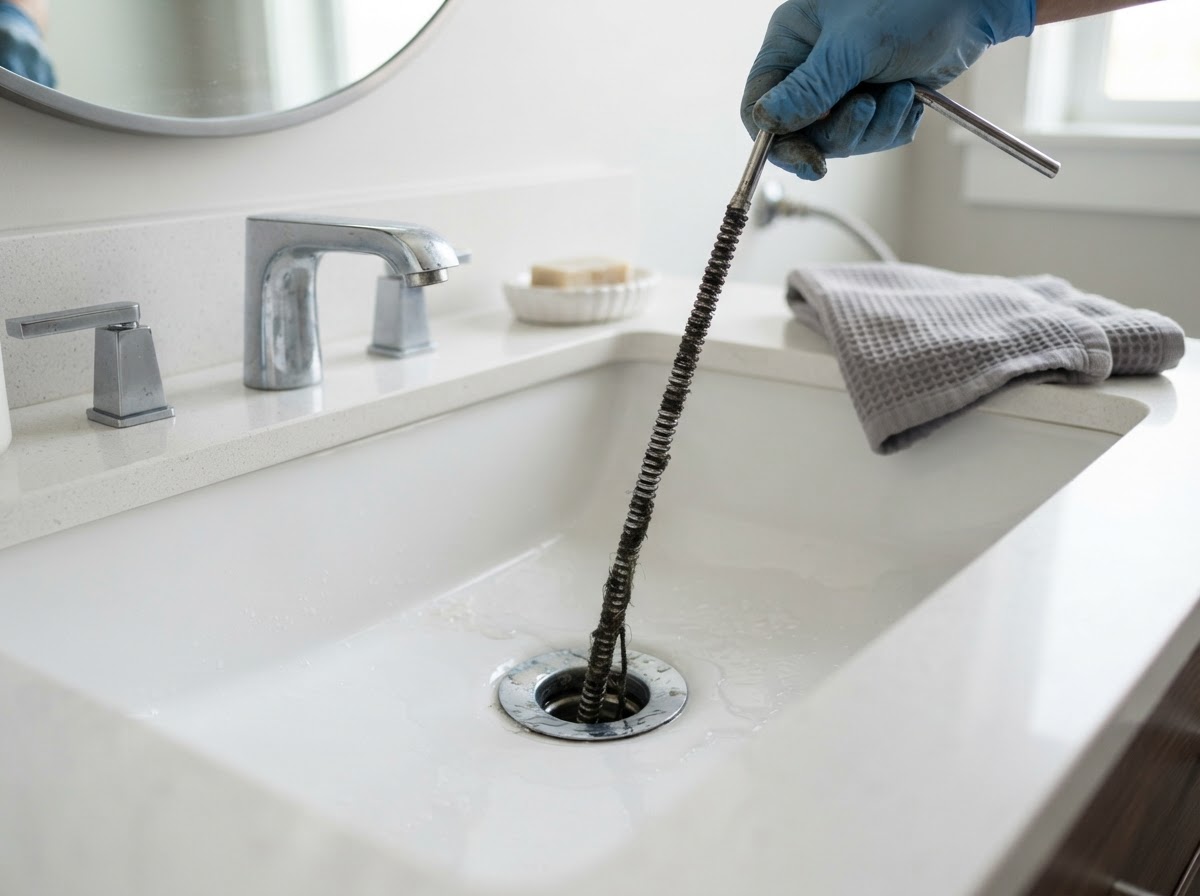 A chrome sink drain with a plumber's snake cable clearing a clog.