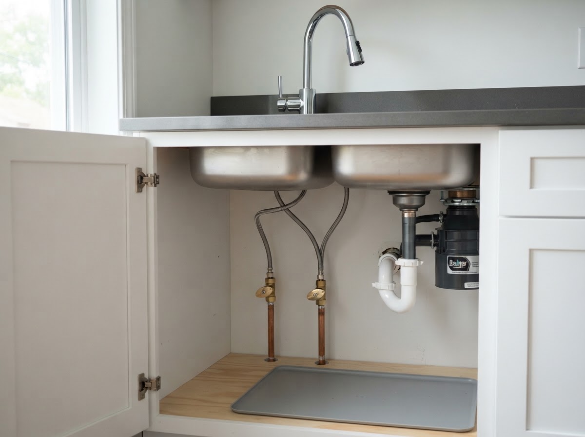 A chrome kitchen faucet and sink basin with new shut-off valves and supply lines.