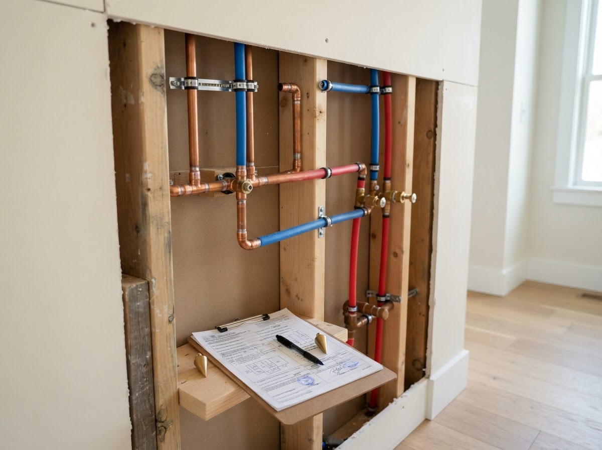 Newly installed copper and PEX pipes in an exposed wall with a permit clipboard.