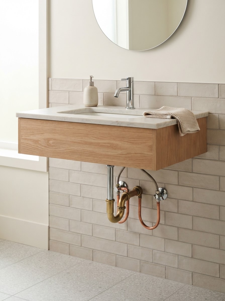 A tidy modern bathroom vanity with chrome fixtures and neatly arranged copper supply lines.