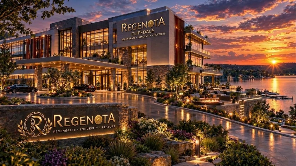 Architectural concept rendering of the proposed Regenota destination facility with golden signage, illuminated glass atrium, and sunset waterfront setting