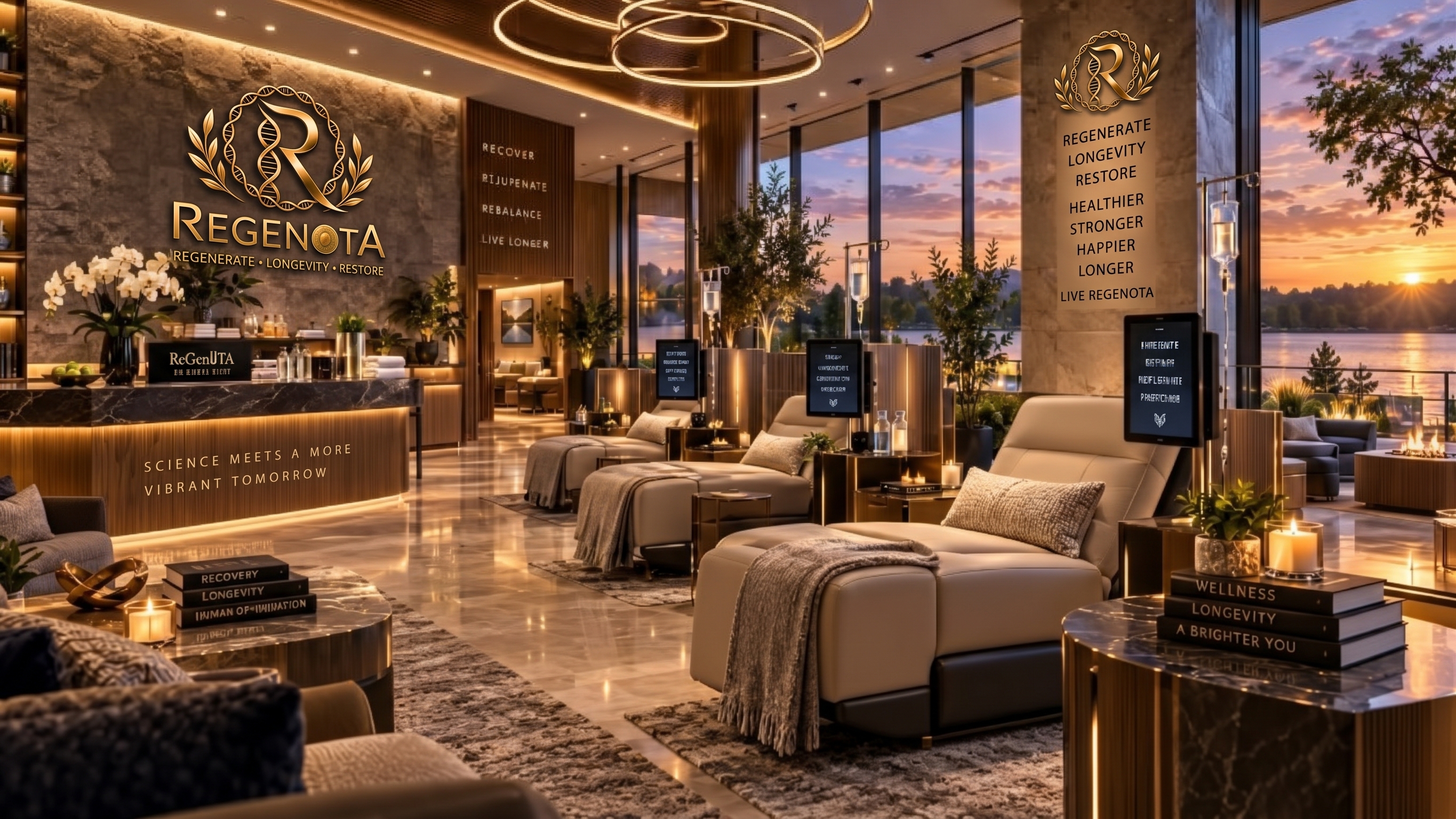Concept rendering of a proposed Regenota wellness and restorative suite featuring warm stone, ambient lighting, and serene treatment setting