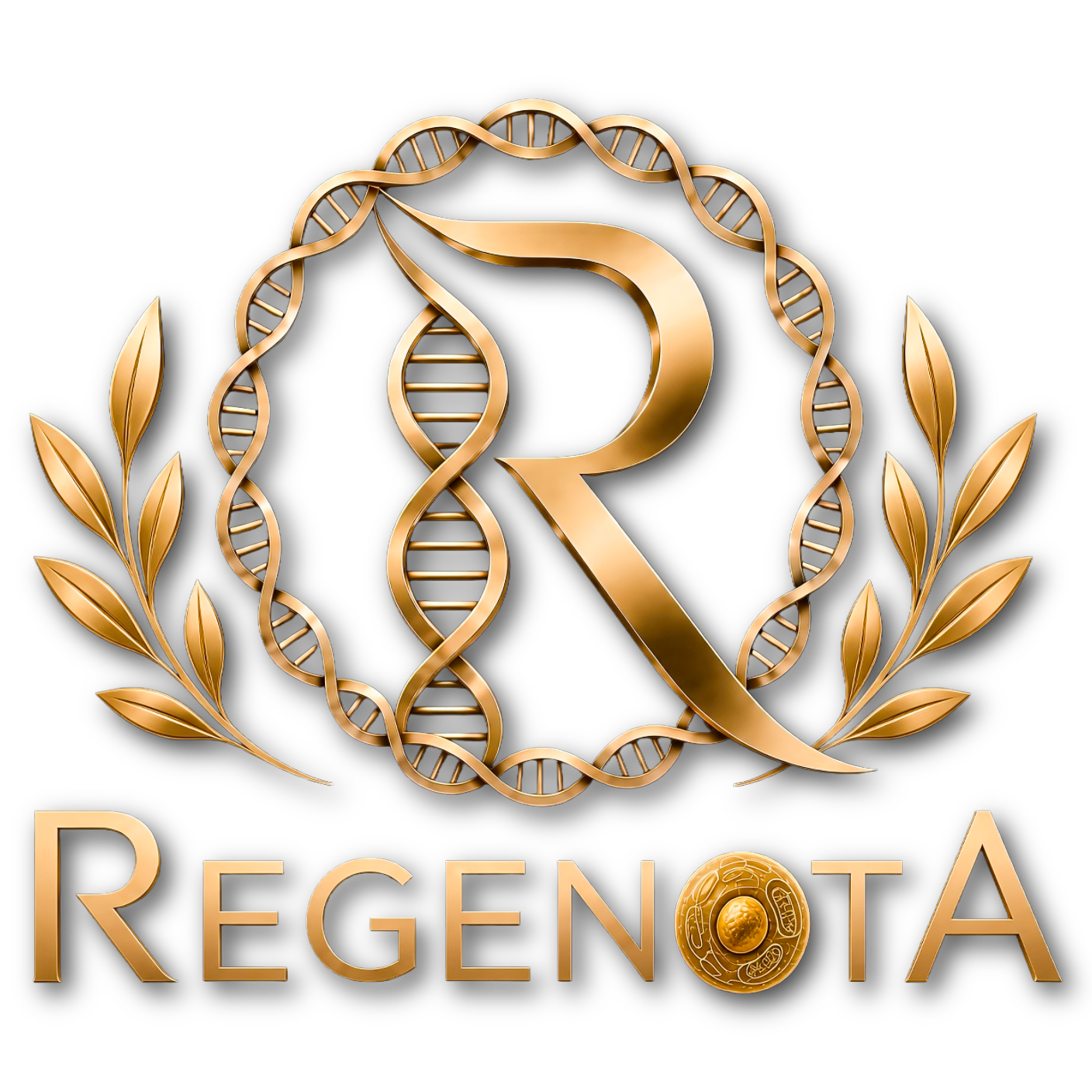 Regenota logo emblem with golden helix, laurel leaves, and wordmark