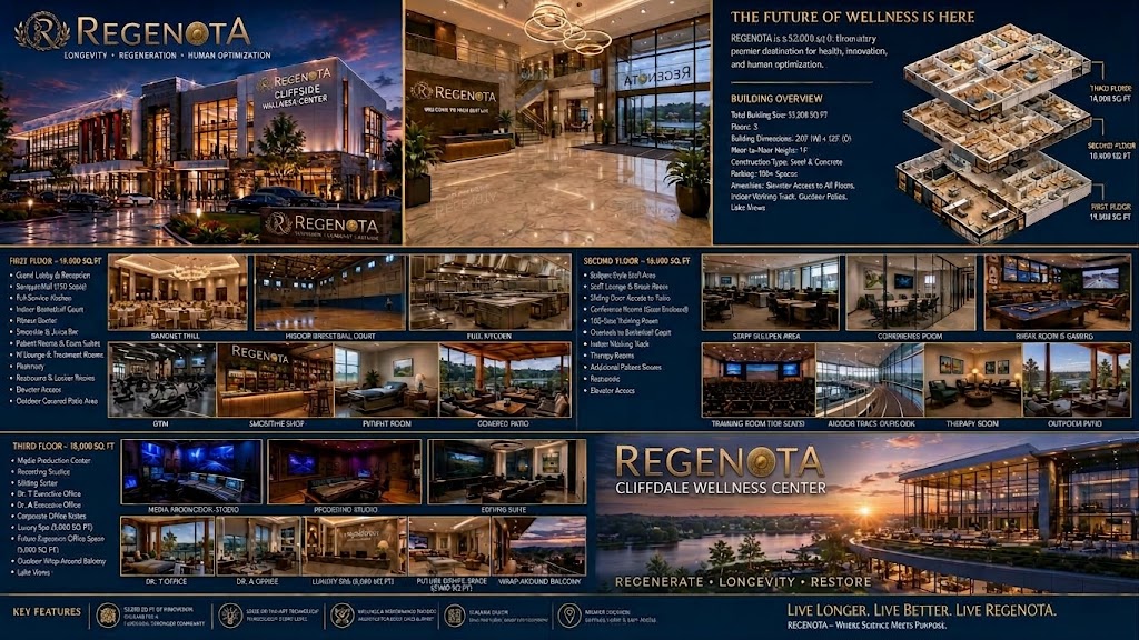 Regenota architectural vision board depicting building exterior, interior spaces, and proposed amenity overview