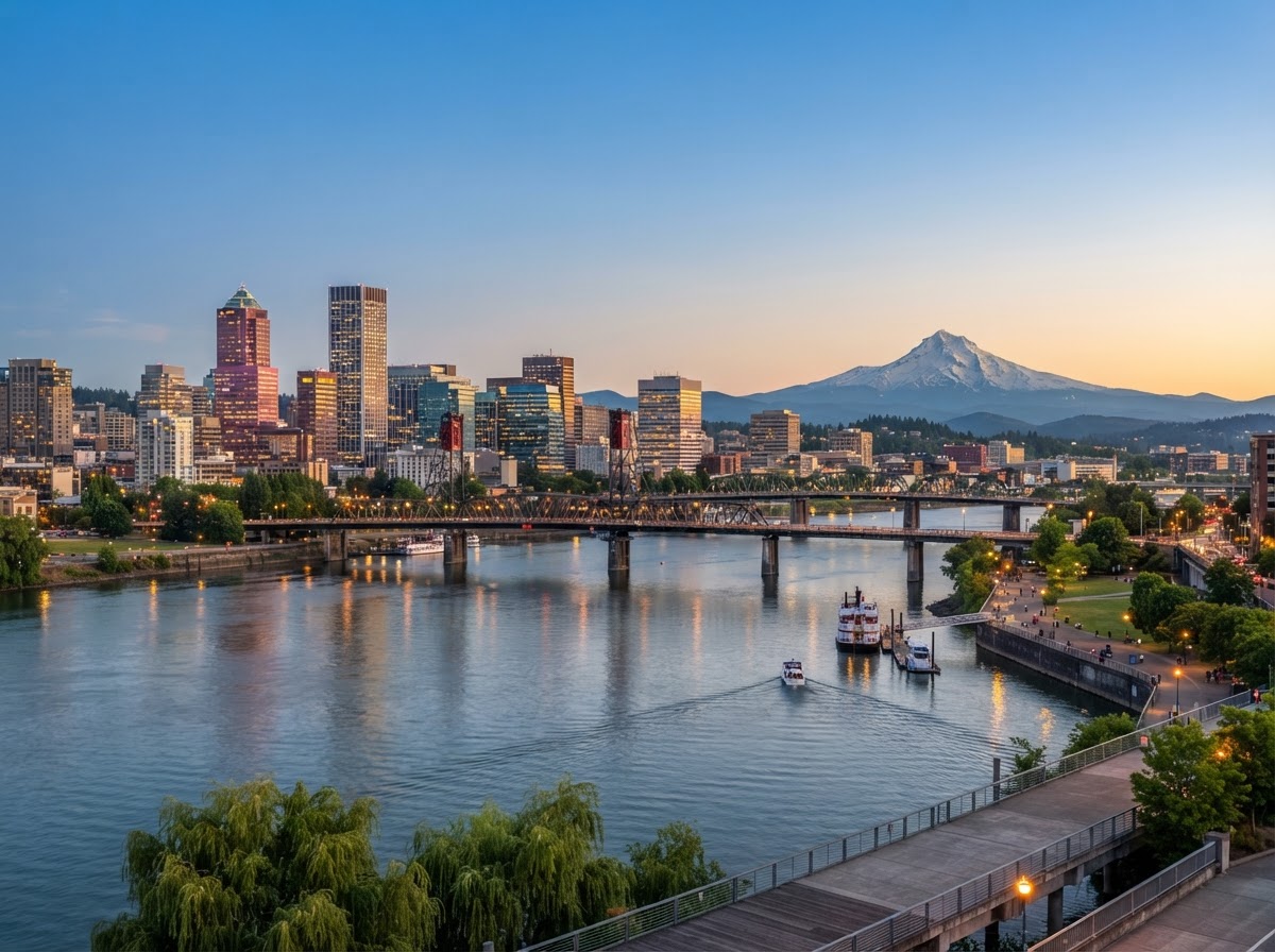 Skyline de Portland, Oregón, con el Monte Hood al fondo, donde Amistad Bail Bonds ayuda a las familias con fianzas de inmigración a distancia