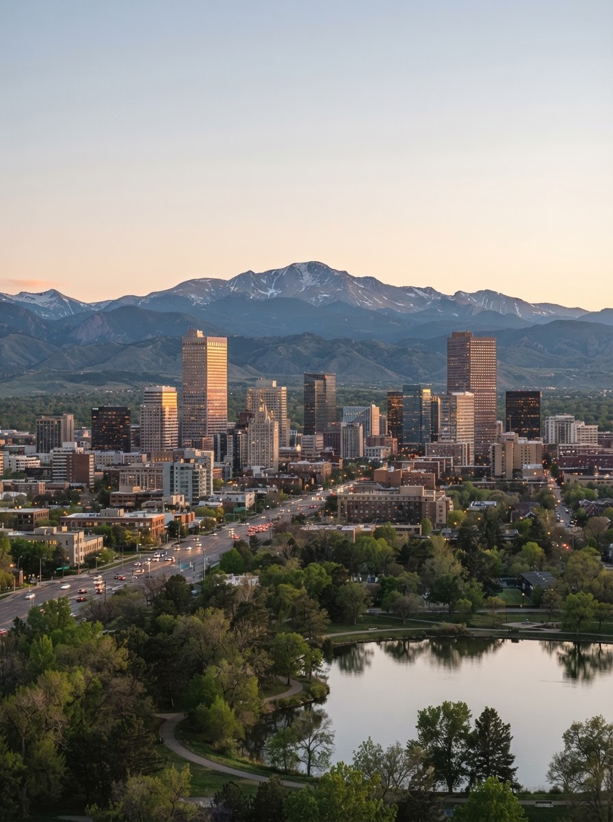Skyline de Denver, Colorado, con las Montañas Rocosas al fondo, donde Amistad Bail Bonds ayuda a las familias con fianzas de inmigración