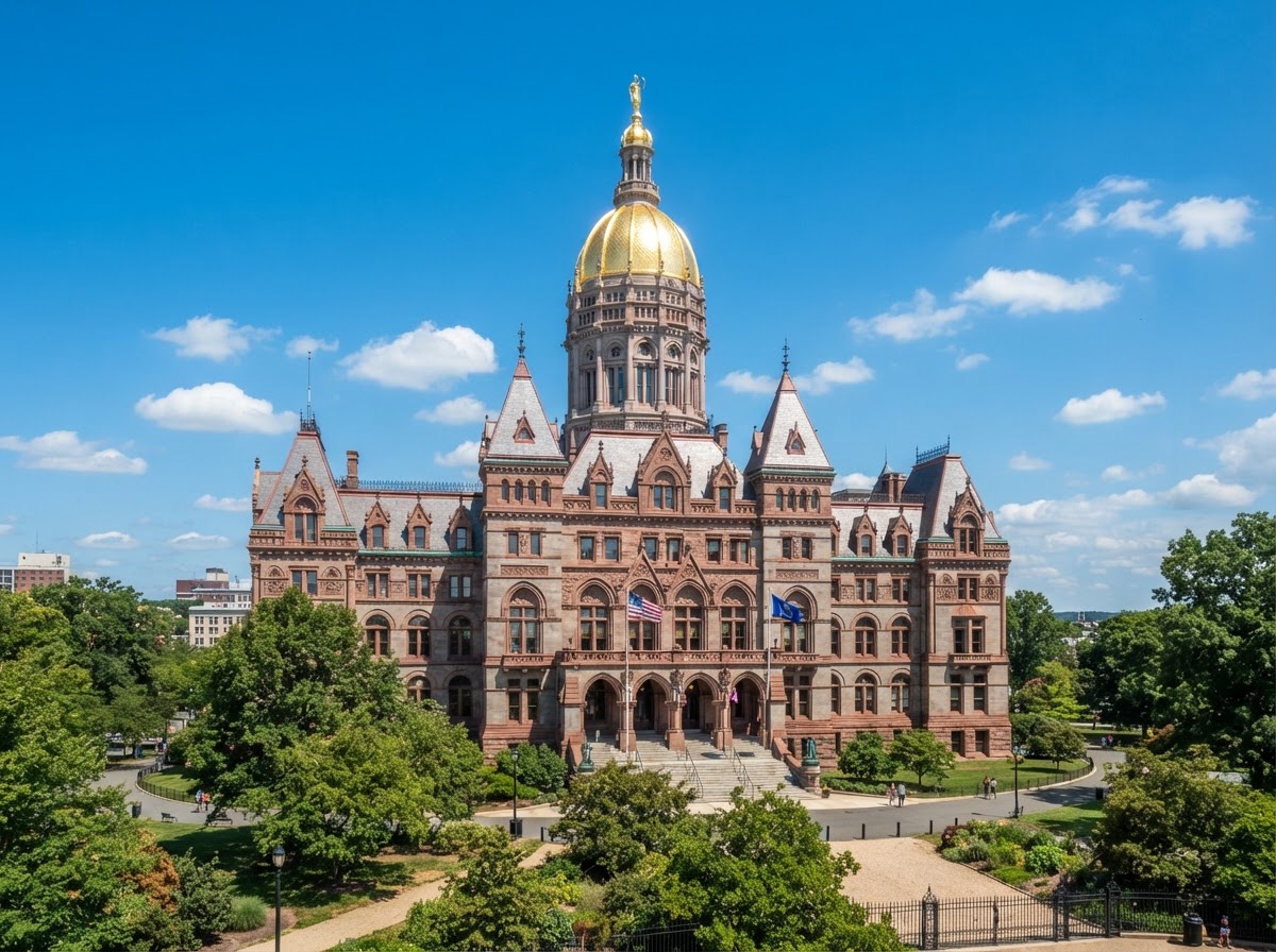 Edificio del Capitolio del Estado de Connecticut en Hartford, donde Amistad Bail Bonds ayuda a las familias con fianzas de inmigración