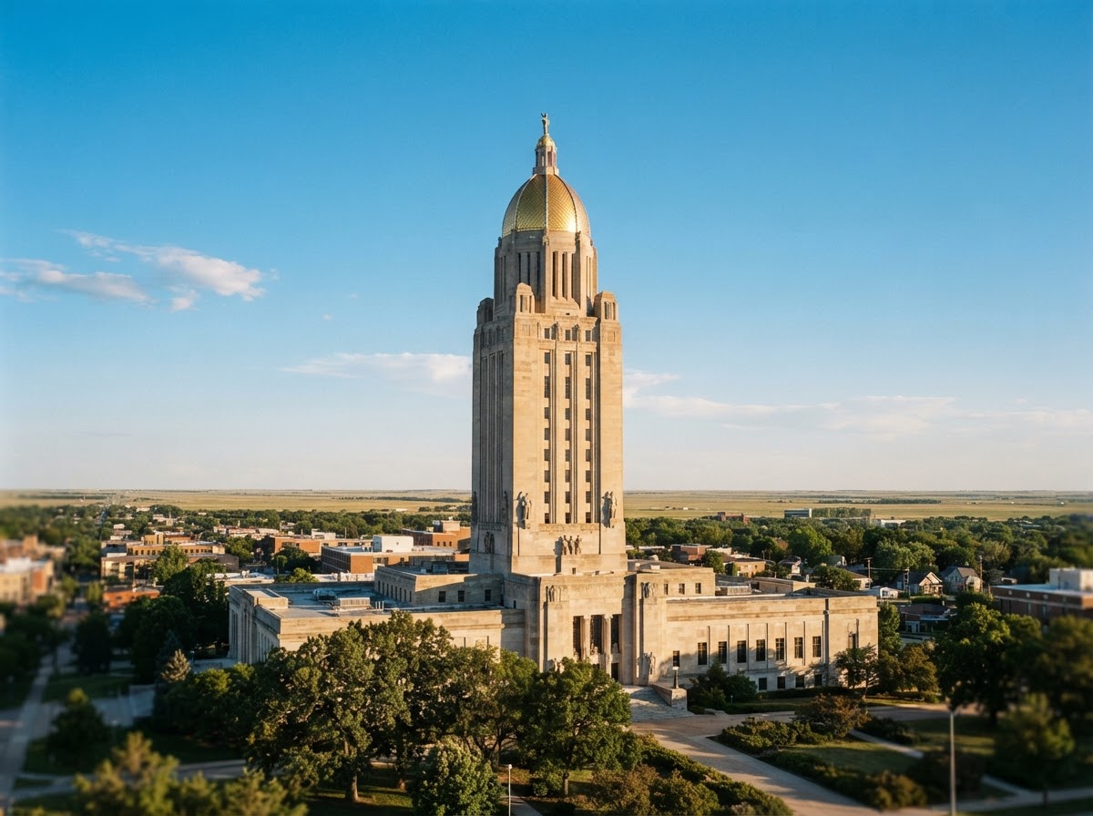 Capitolio del Estado de Nebraska en Lincoln, donde Amistad Bail Bonds ayuda a las familias con fianzas de inmigración a distancia