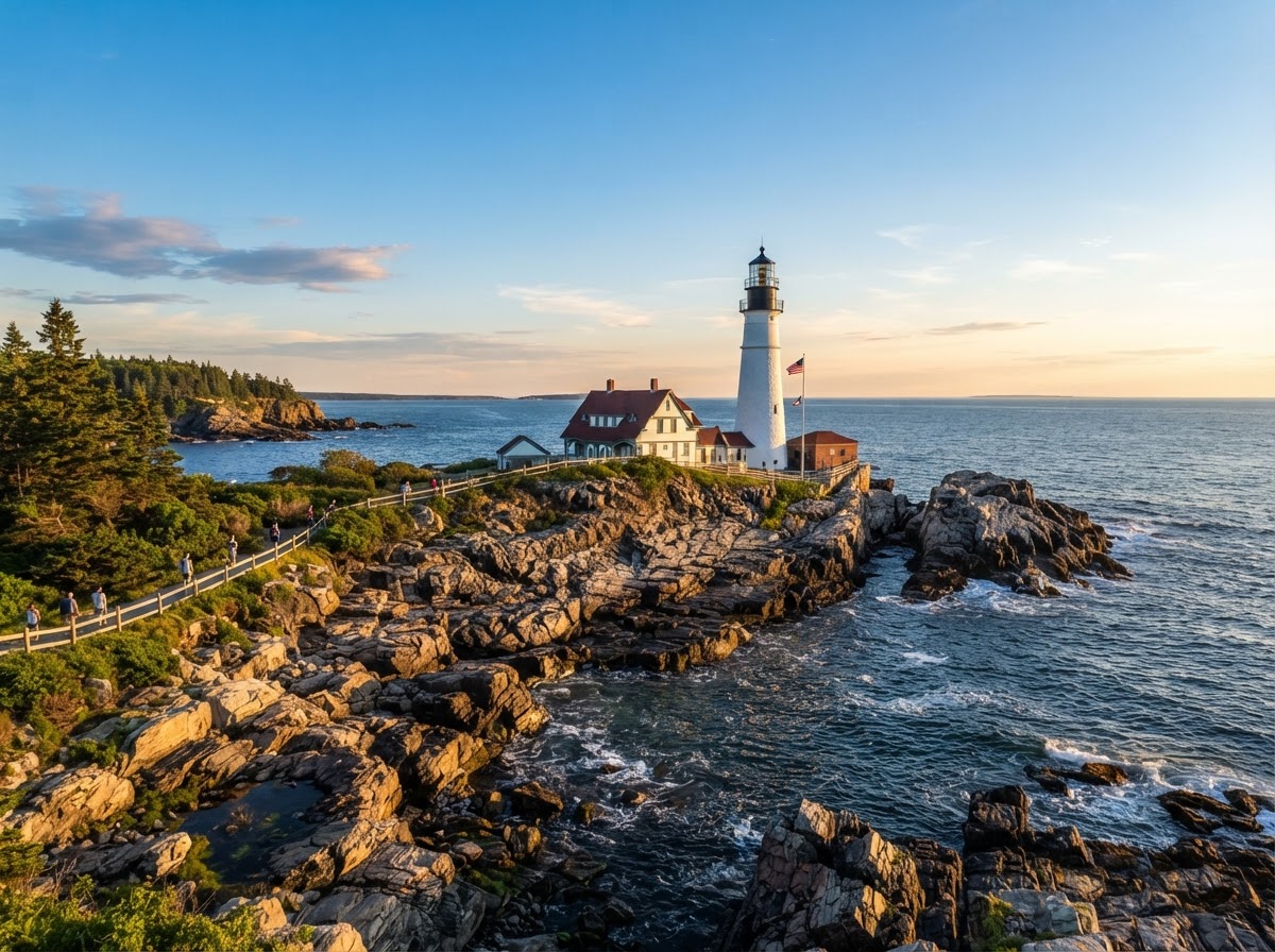 Faro de Portland Head Light en Cape Elizabeth, Maine, donde Amistad Bail Bonds ayuda a las familias con fianzas de inmigración