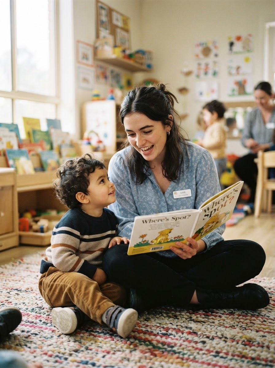 Caring teacher reading a picture book to an attentive toddler
