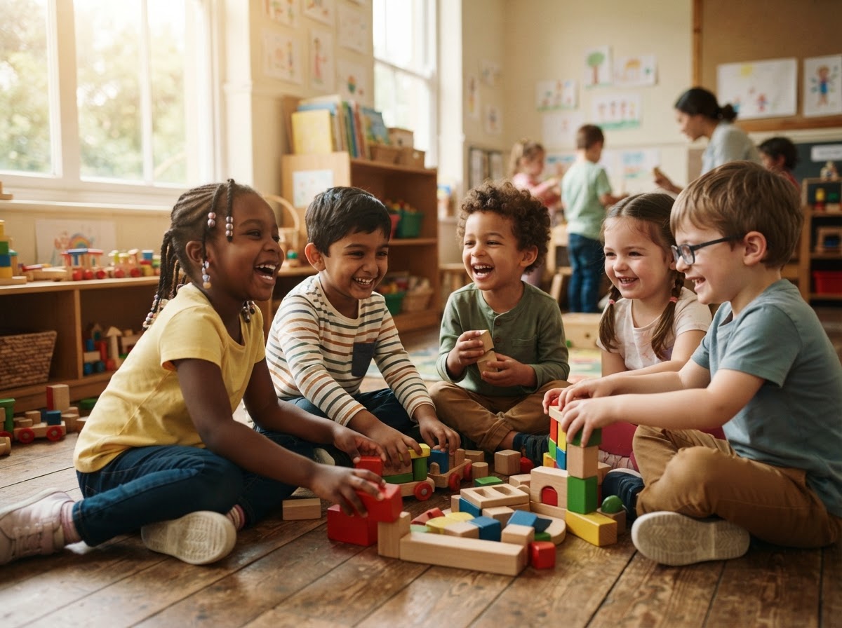 Children playing with colorful wooden toys in a supportive childcare environment