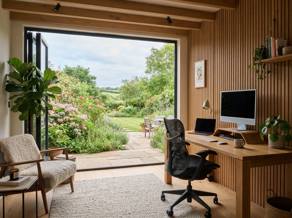 Garden room interior with timber acoustic panelling in Burgess Hill