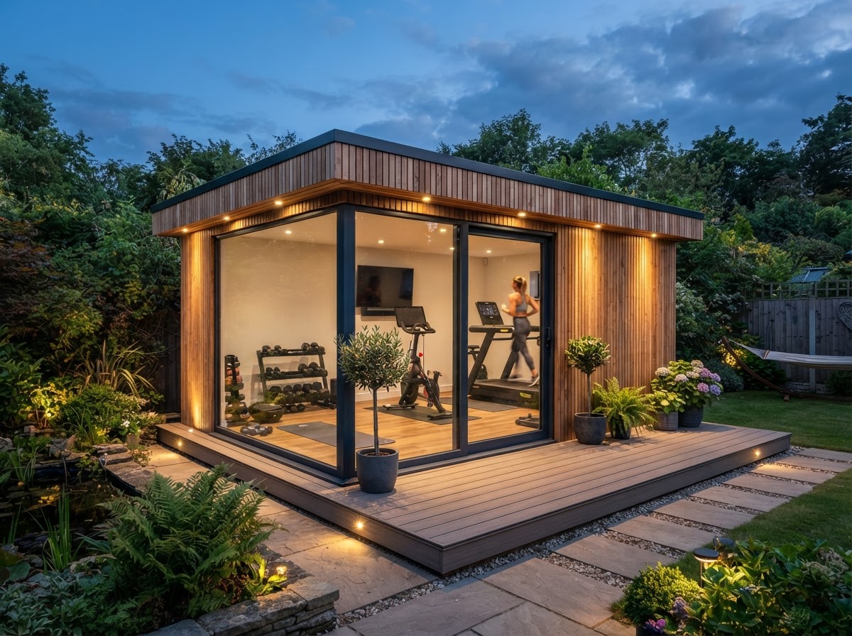 Detached garden gym with reinforced subfloor and full-height glazing in Haywards Heath