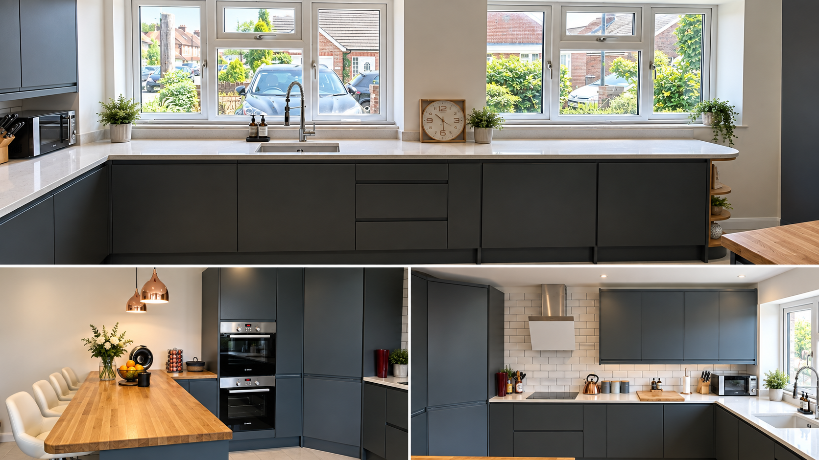 Matte anthracite handleless kitchen with solid oak breakfast bar in Burgess Hill