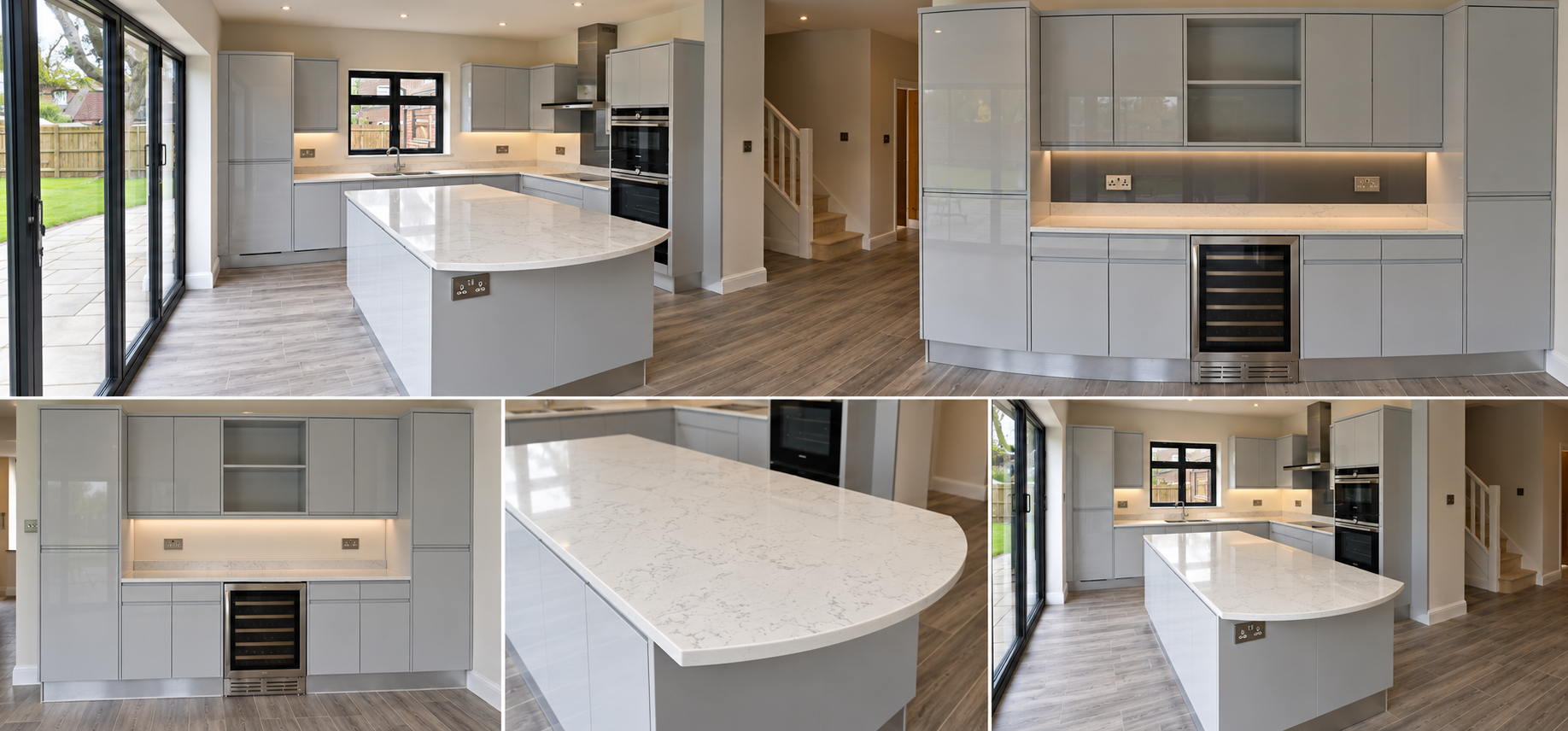 Open-plan grey gloss kitchen with full-height pantry towers in Burgess Hill