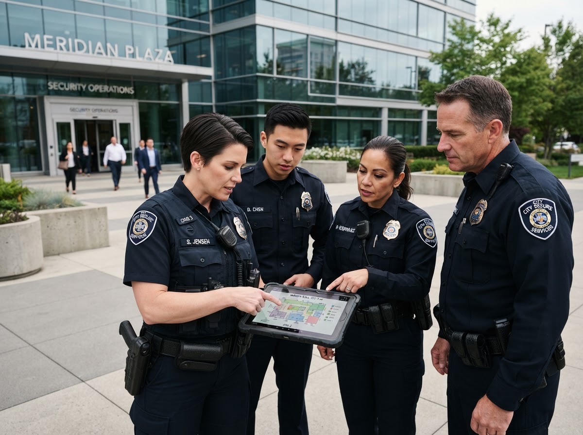 Security team reviewing a site plan together