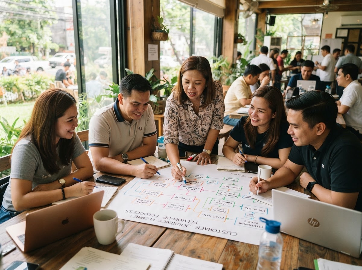 Business owners mapping a customer follow-up system at a workshop