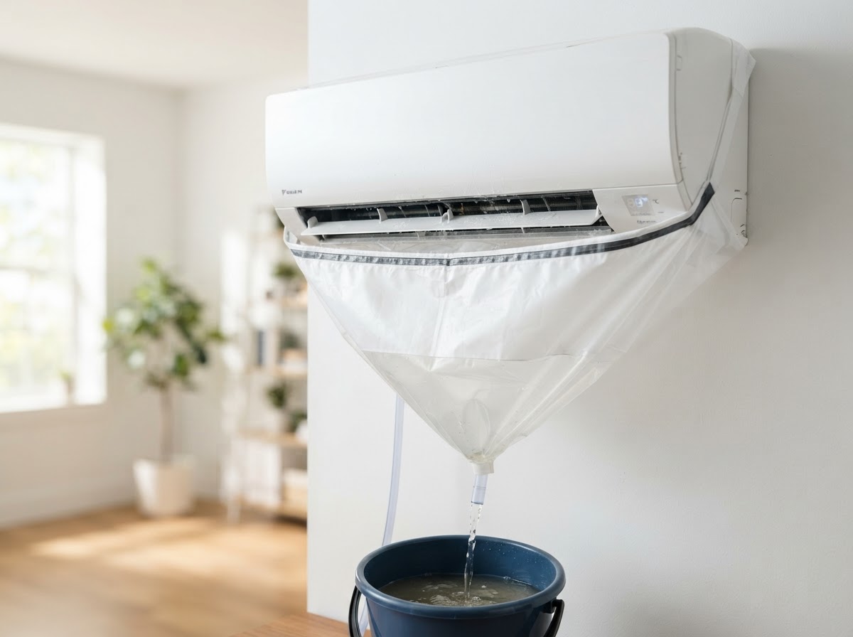 Modern klímaberendezés belső egysége felhelyezett vízhatlan védőzsákkal — zárt rendszerű, ember nélküli bemutató a cseppmentes mélymosás felszereléséről