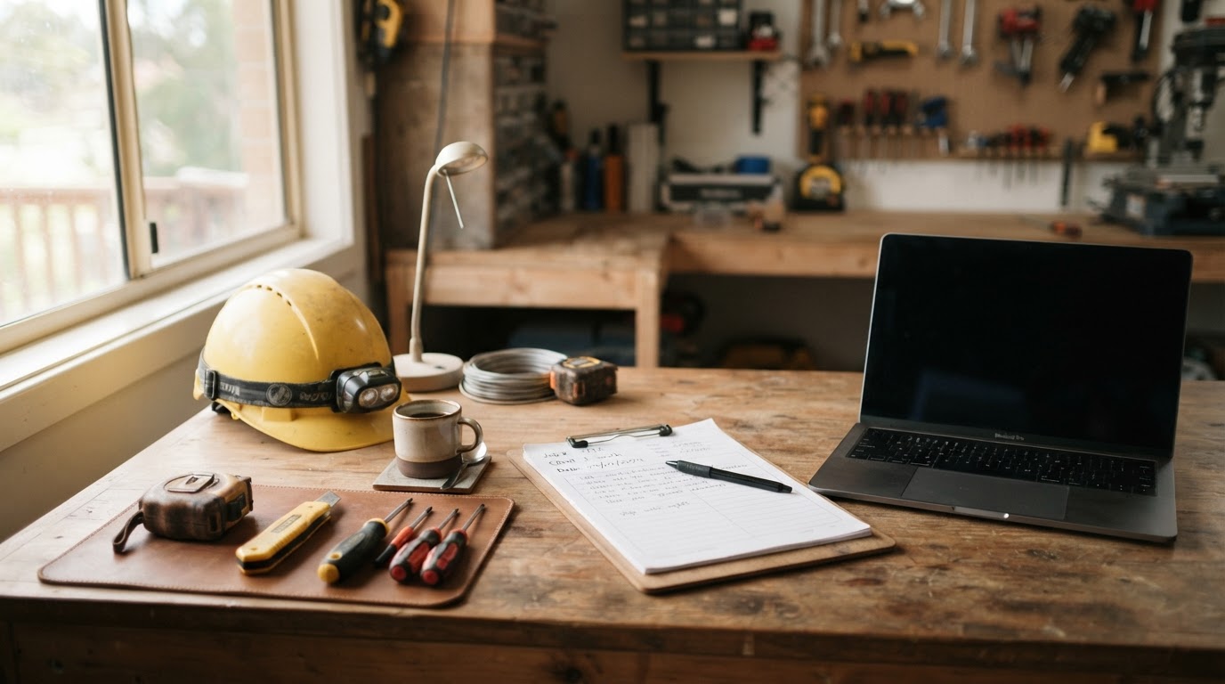 An organised tradie workspace with laptop, clipboard and tools