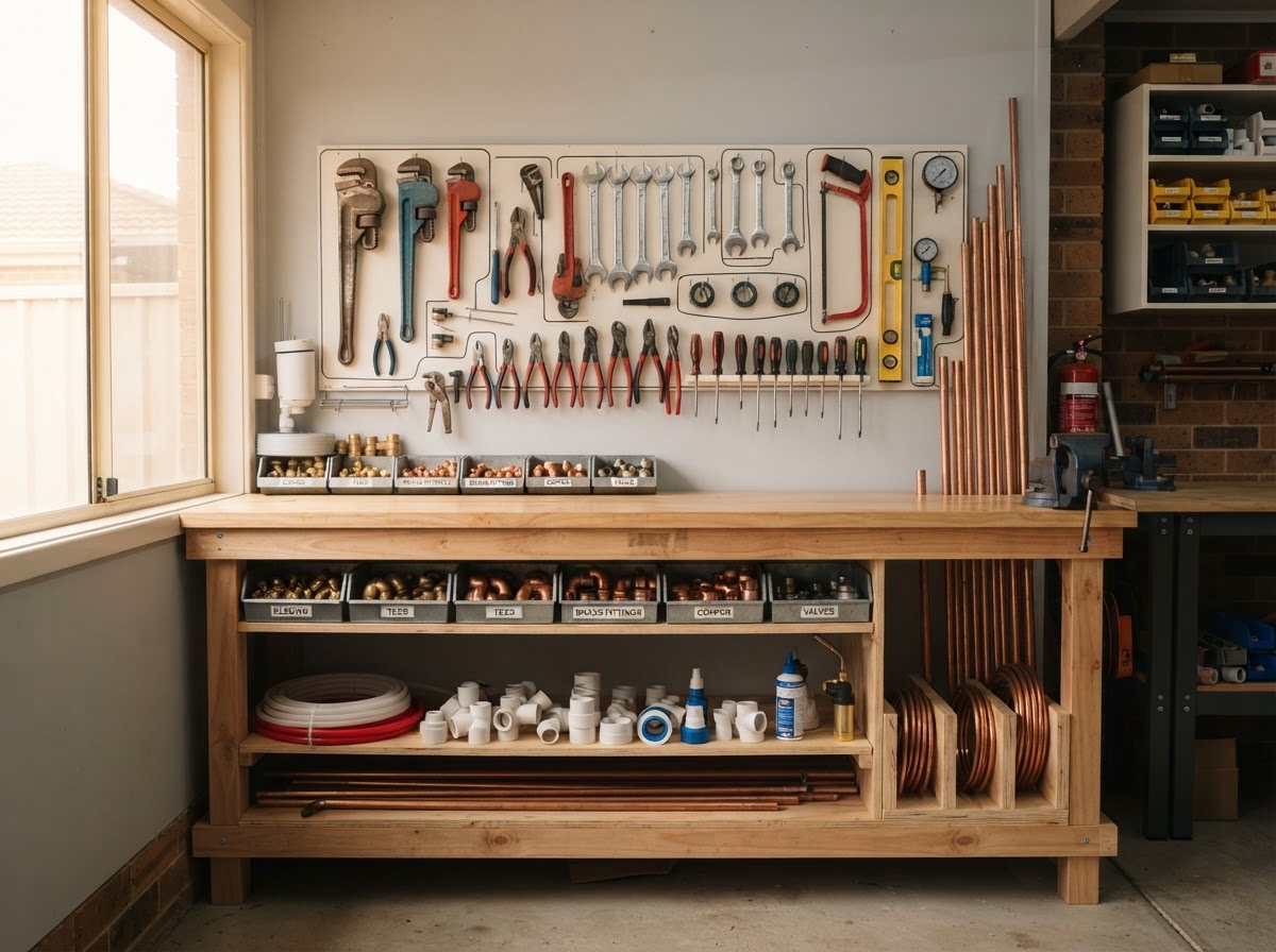 Neatly organised plumbing tools and pipes