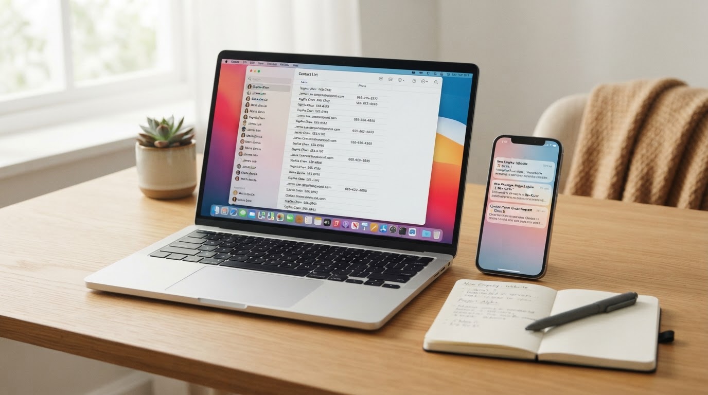 A desk with a phone and laptop showing incoming enquiries