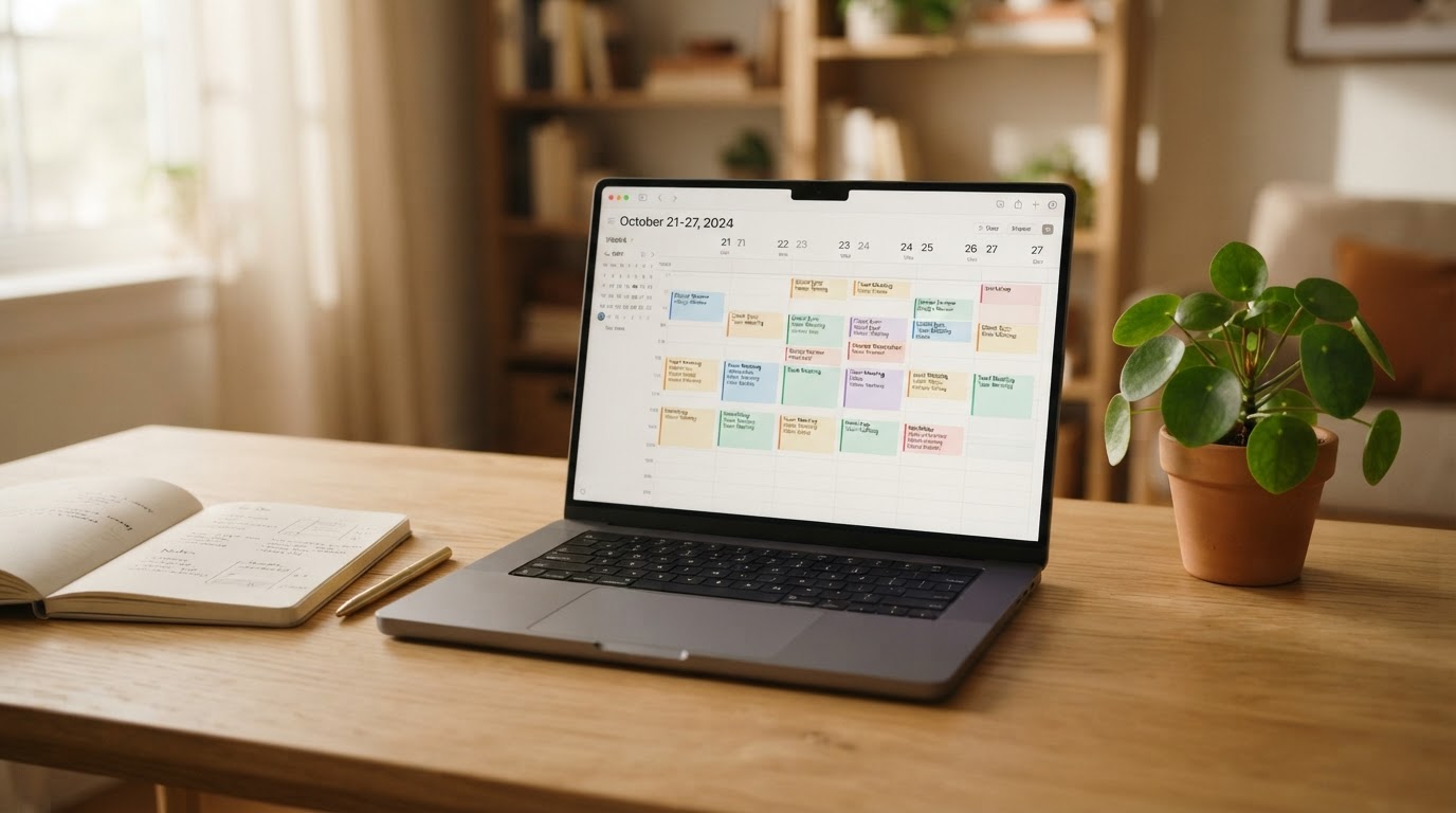 A laptop showing a calendar and scheduling interface