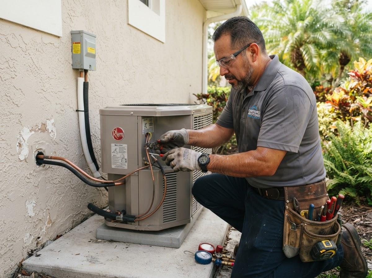 Technician installing a new AC condenser unit