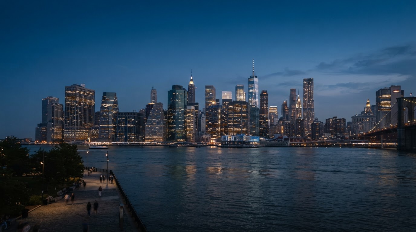 International financial district skyline at dusk