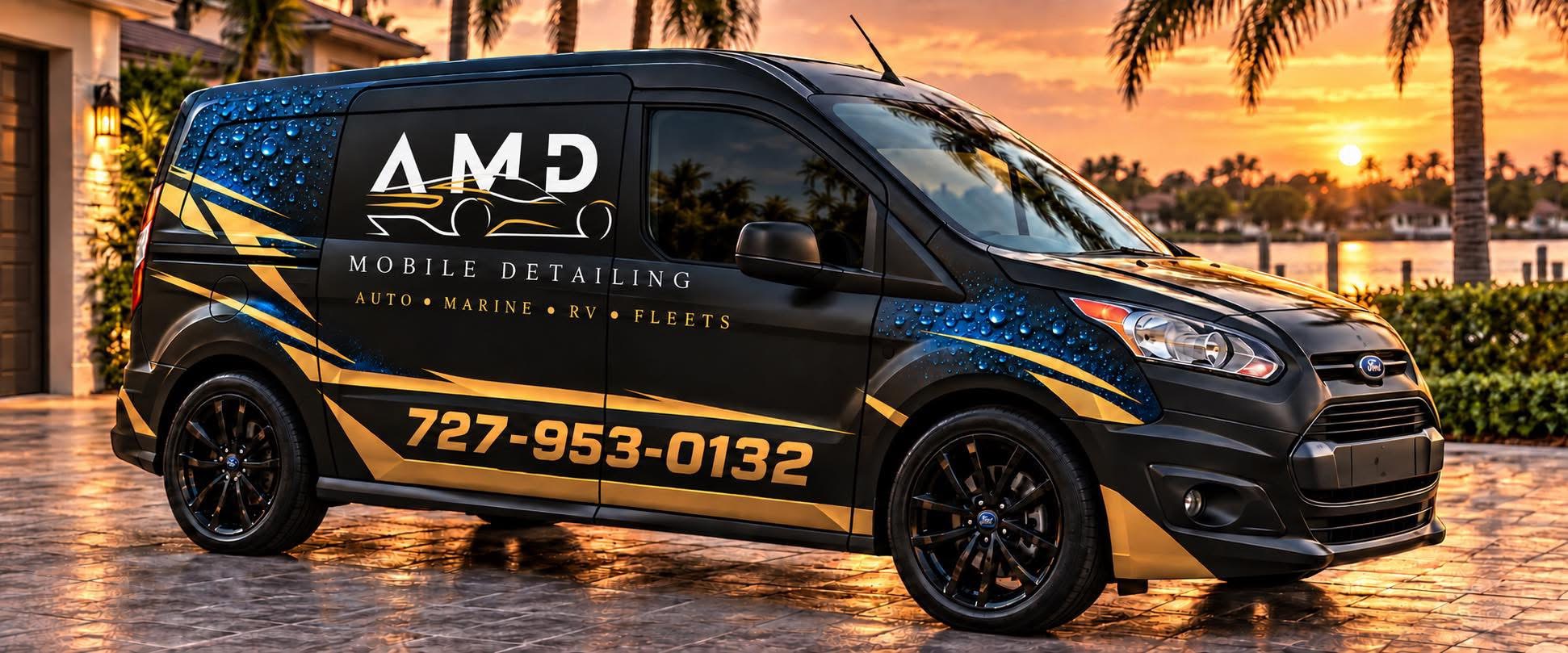 AMD Mobile Detailing official custom van at golden hour