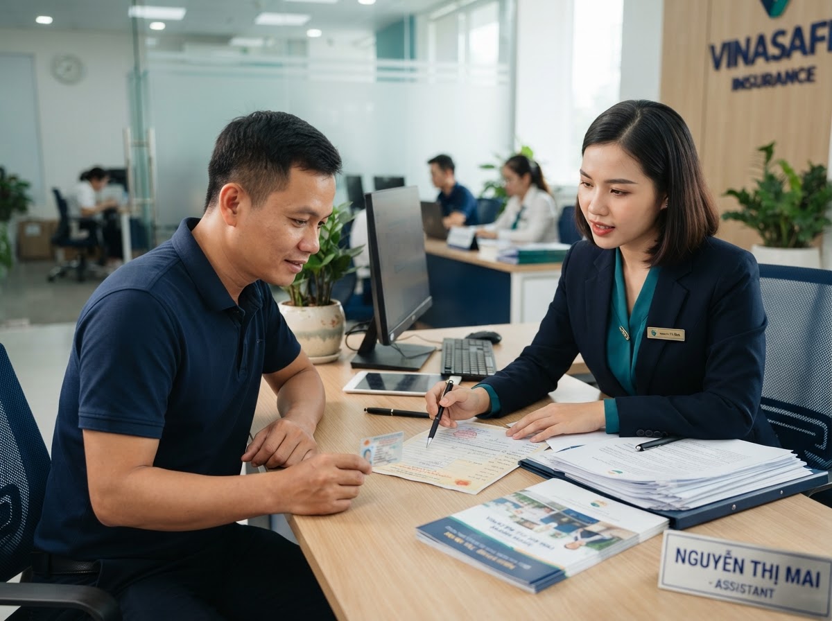 Người lái xe Việt Nam nhận hướng dẫn giấy tờ hành chính tại văn phòng hiện đại